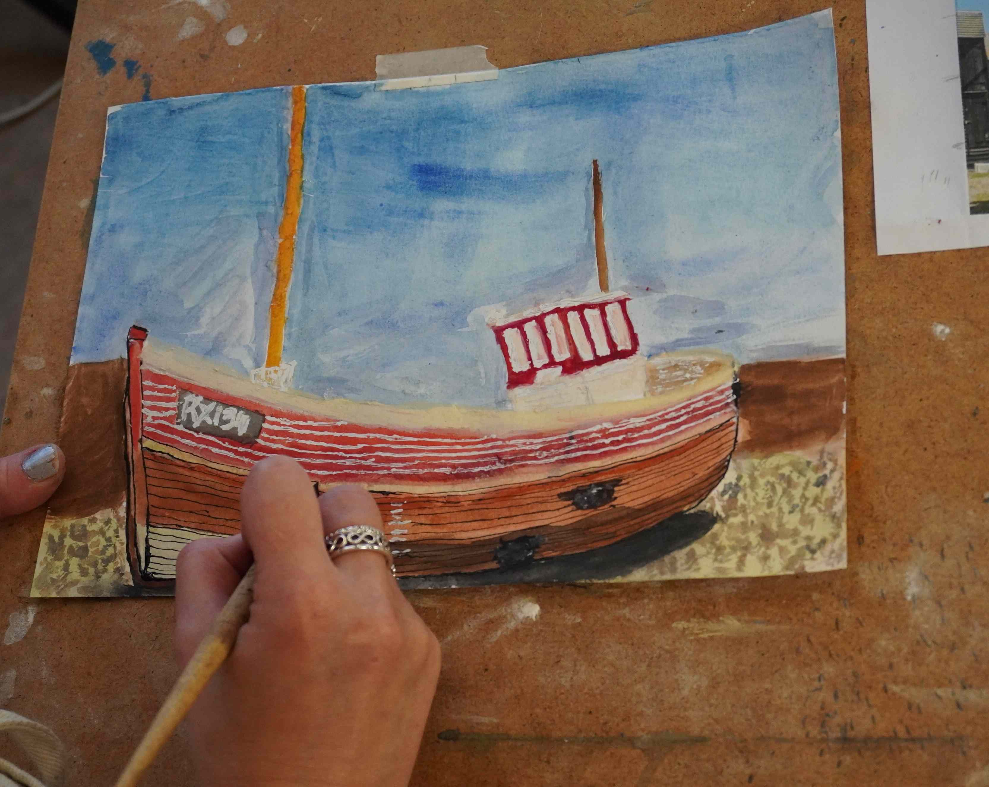 Students artwork from Watercolour boats workshop in Norwich.