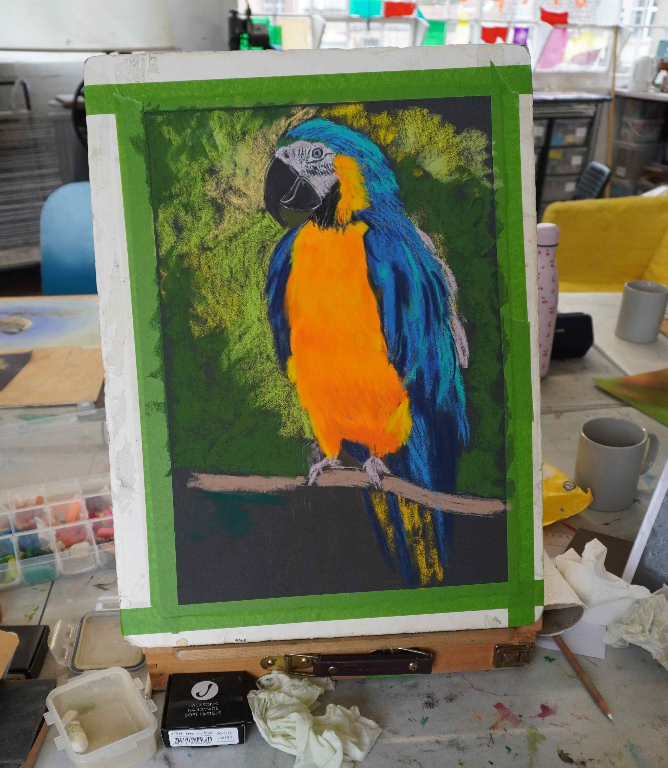 Student artwork from Soft Pastel Tropical birds workshop in Norwich.