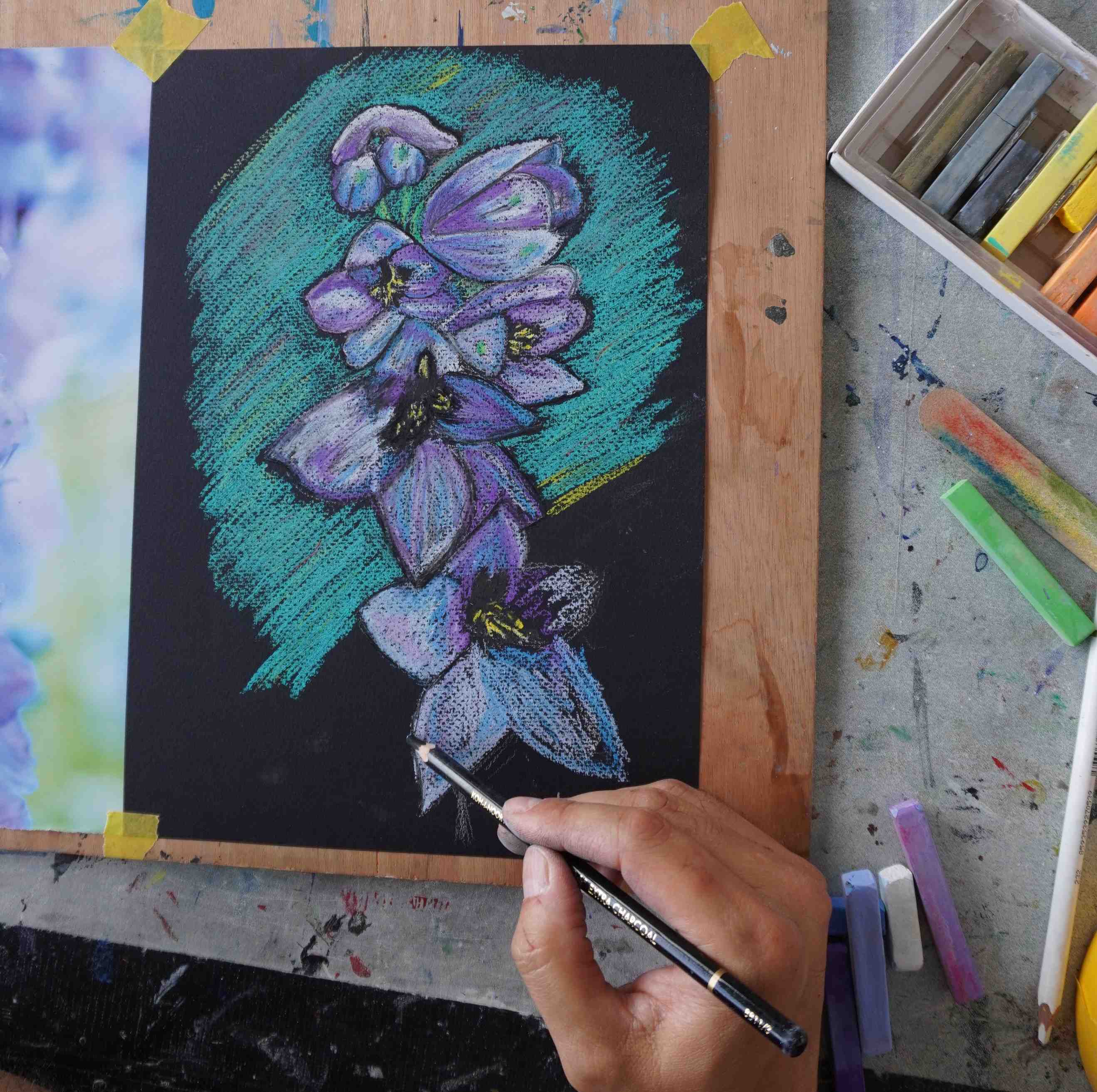 Studenst artwork from Soft pastels on coloured paper workshop in Norwich.