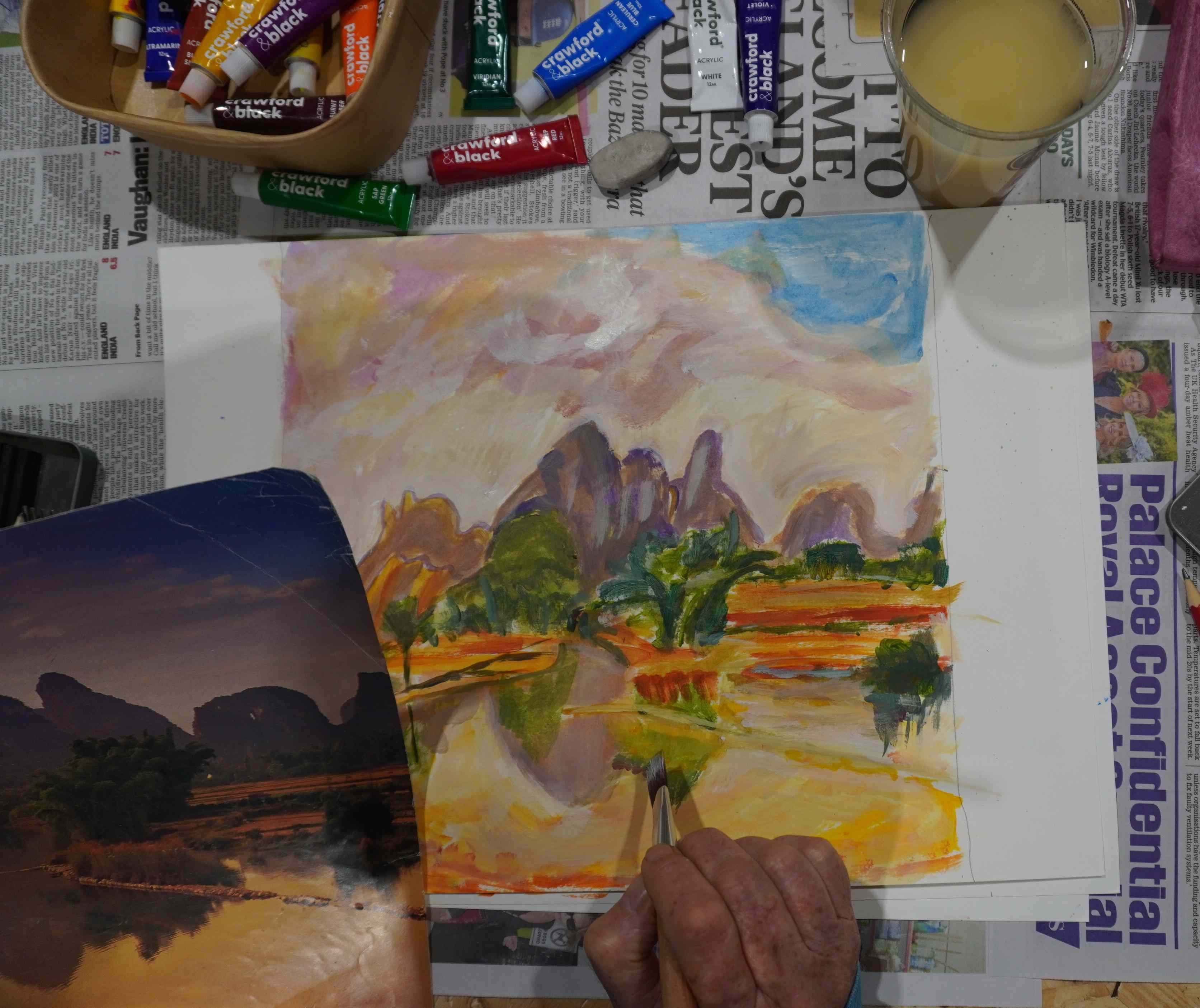 Students artwork from Acrylic Landscape for beginners workshop at the Battery of Ideas in Lowetsoft.