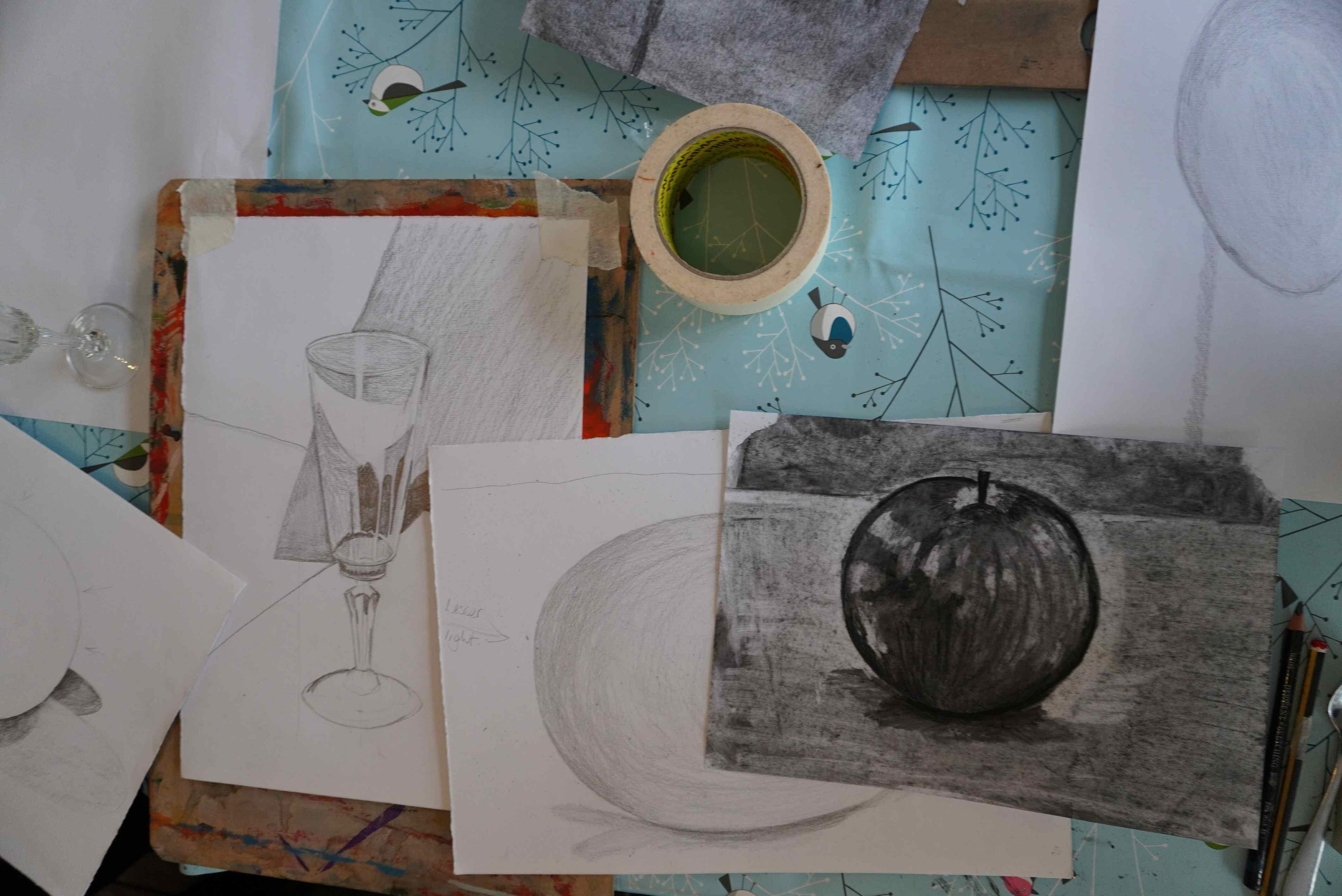 Student artworks from Beginners Drawing workshop at Anteros, Norwich. Charcoal Apple reduction drawing technique.